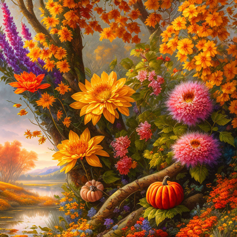 Colorful autumn flowers, pumpkins, tree, and river at sunset