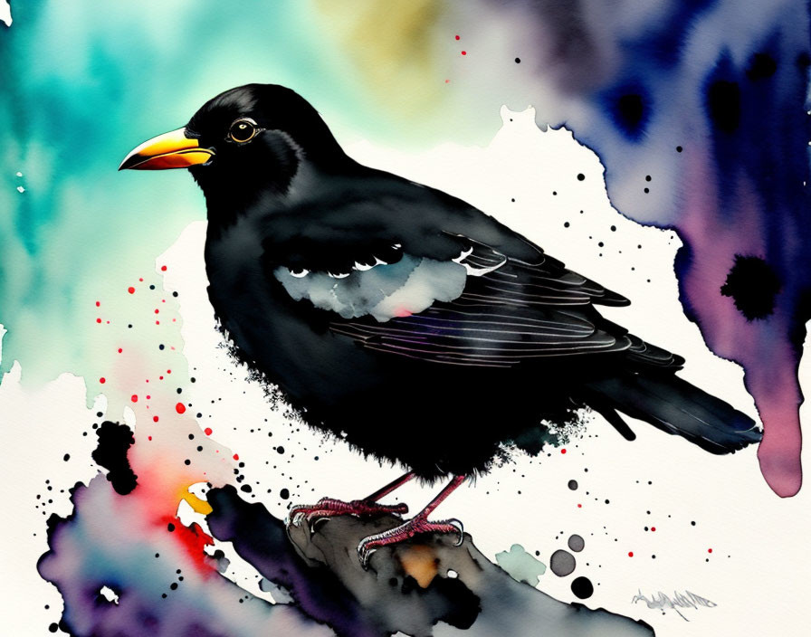 Colorful Watercolor Painting of Black Bird on Branch