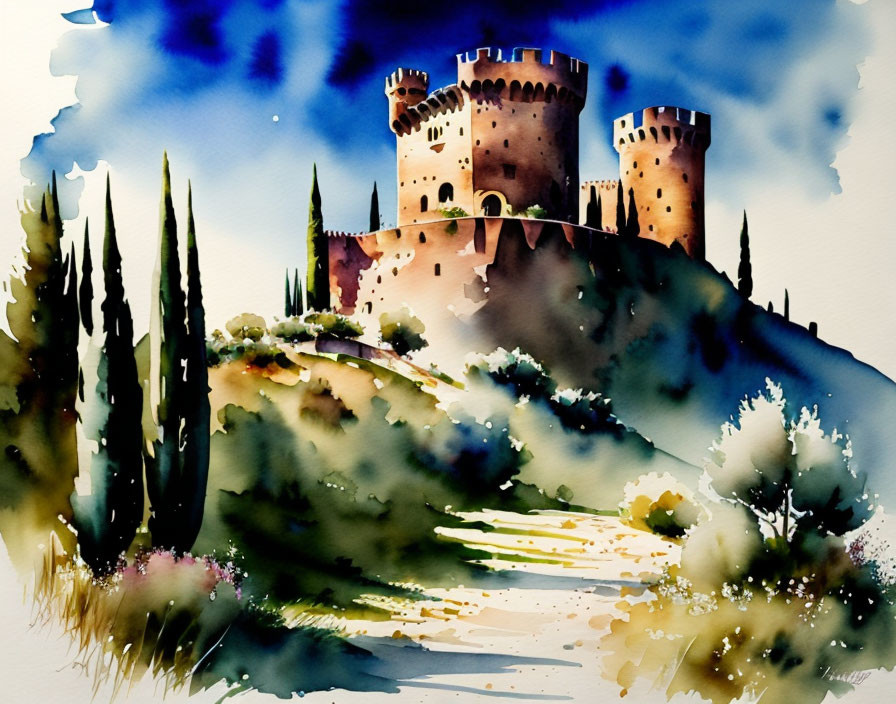 Castle on hill with cypress trees in watercolor art