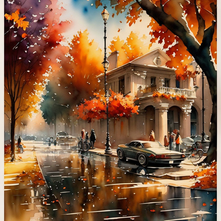 Vibrant autumnal scene with classic building, pedestrians, cyclist, vintage cars on rain-slick