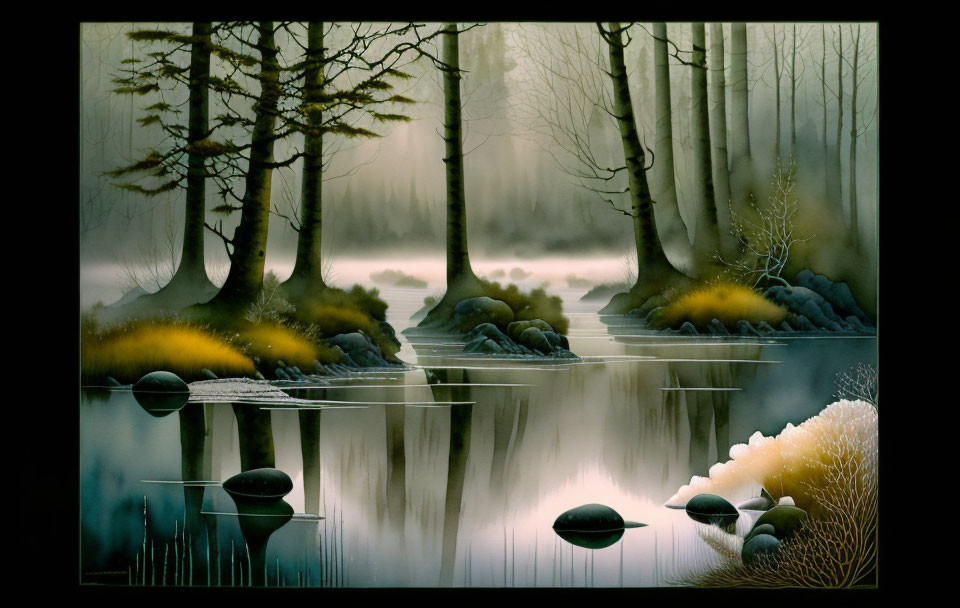 Tranquil forest scene: mist over calm lake, silhouetted trees, reflections.