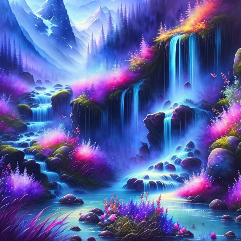 Fantasy landscape with purple waterfalls and glowing flora