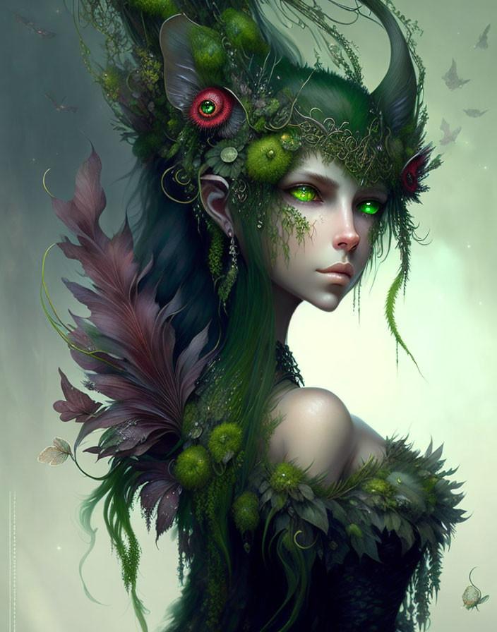 Fantasy portrait of female figure with green skin and leaf headdress