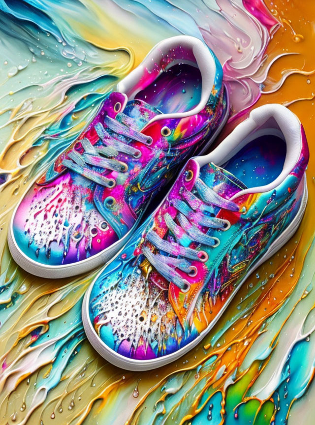 Vibrant Cosmic Pattern Painted Sneakers on Colorful Background