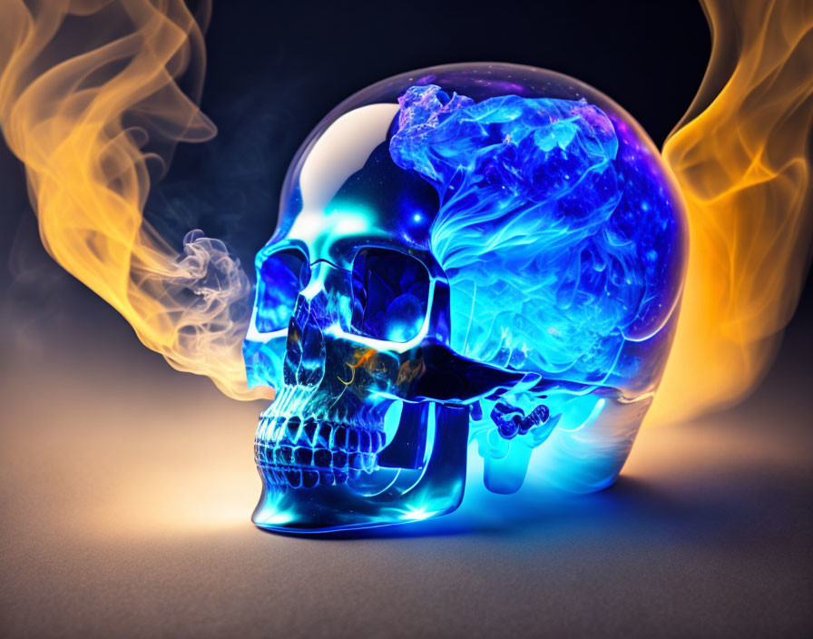 Transparent Skull with Blue and Orange Light in Smoke on Dark Background