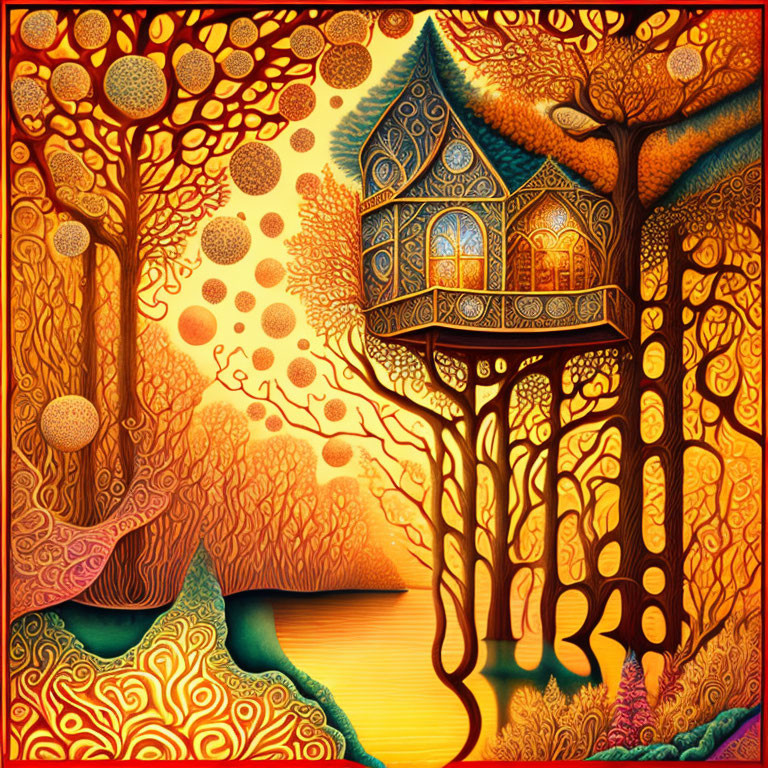 Colorful Treehouse Artwork Surrounded by Autumn Trees