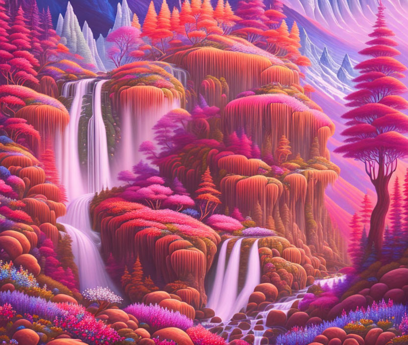 Colorful Fantasy Landscape with Waterfalls and Exotic Foliage