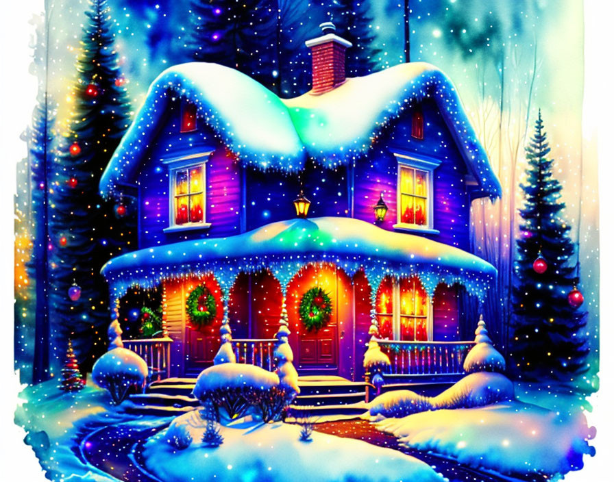 Snow-covered house with Christmas lights and wreaths in snowy winter scene