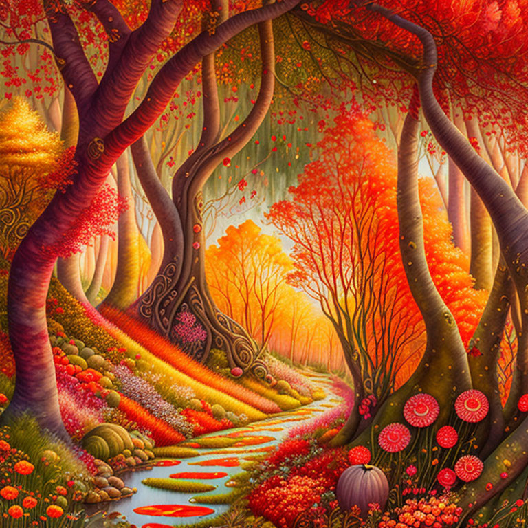 Colorful fantasy forest with red trees and glowing clearing