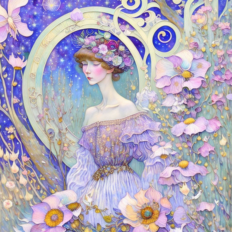 Illustration of woman in floral headdress and purple dress in whimsical setting