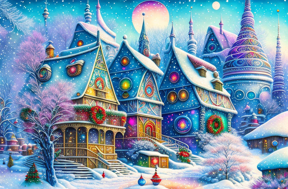 Vibrant holiday village with snow-covered buildings and festive decorations