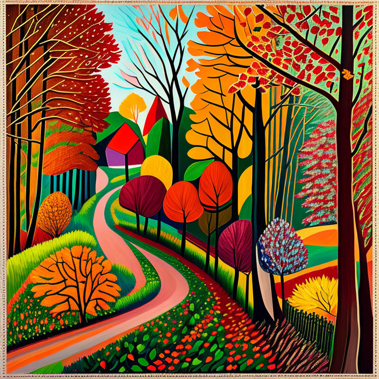 Colorful Stylized Landscape Painting with Forest Path & Houses