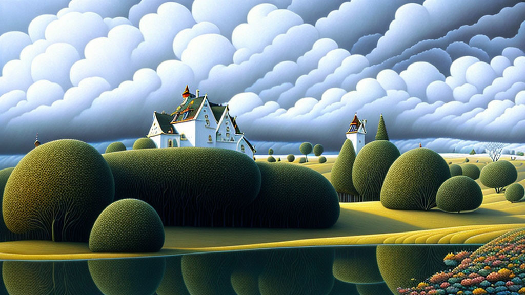 Whimsical surreal landscape with rounded green trees and quaint houses under dramatic cloudy sky