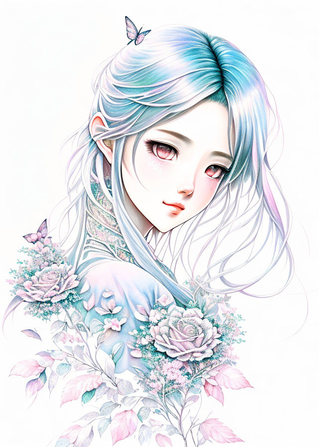 Delicate female figure with pale blue hair and floral adornments.