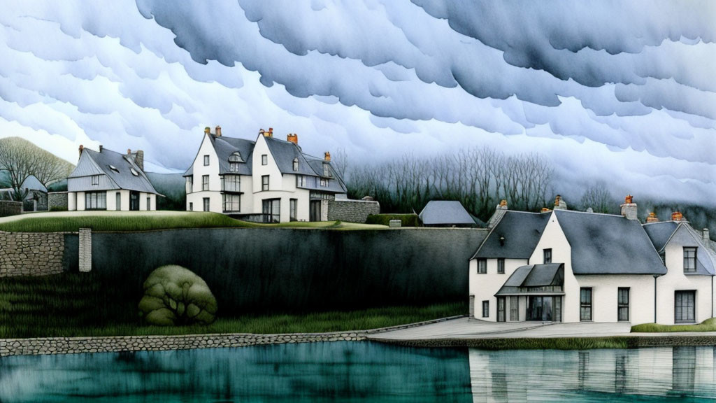 Quaint village houses by waterfront under dramatic cloudy sky