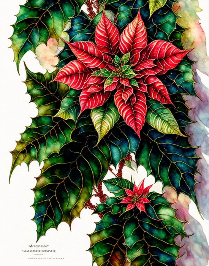 Colorful Watercolor Painting of Red Poinsettia and Green Leaves