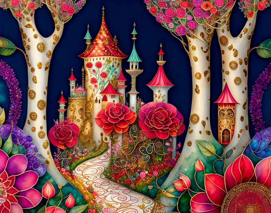 Whimsical fairy-tale castle with oversized flowers and trees on starry night.