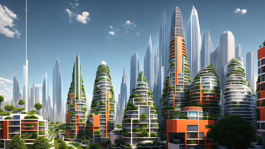 Futuristic cityscape with greenery integrated into high-rise buildings