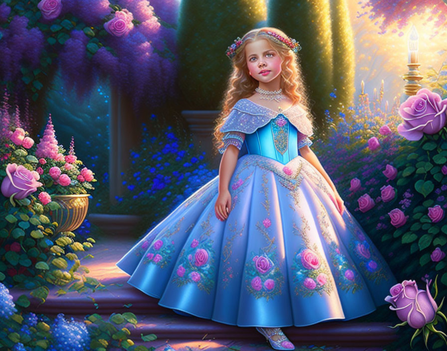 Young girl in blue floral dress in magical garden with roses