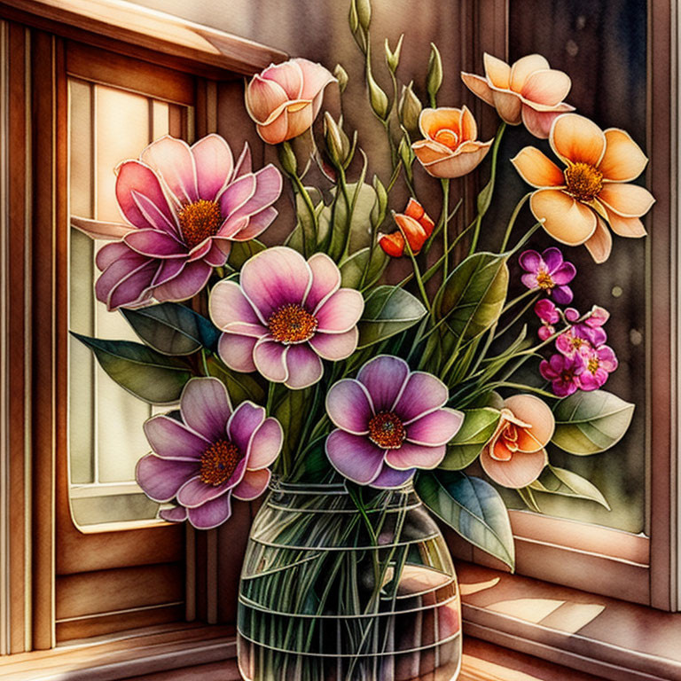 Colorful Flower Bouquet in Glass Vase by Wooden Window with Shadows