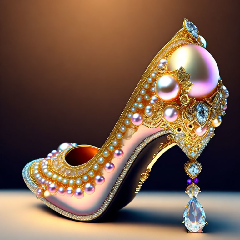 Golden high-heeled shoe with pearls, gems, and crystal on gradient backdrop