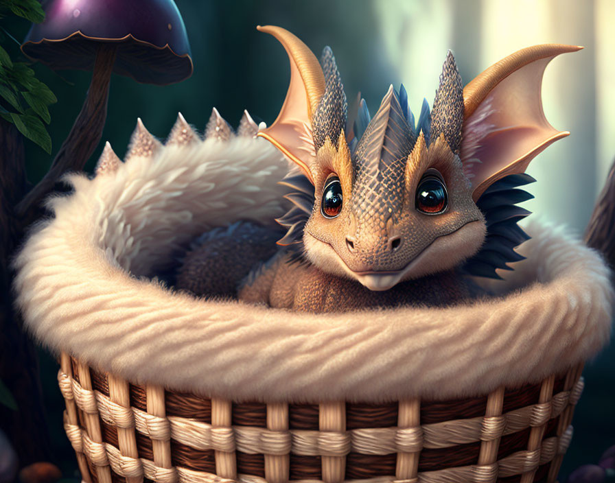 Smiling dragon hatchling in cozy forest basket with mushrooms