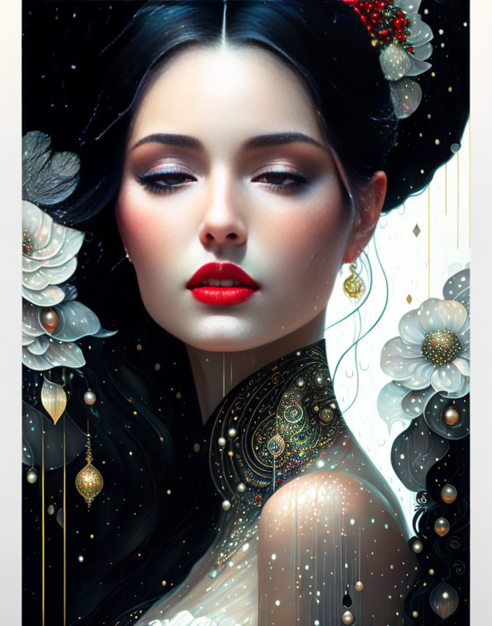 Digital artwork: Woman with dark hair, red lips, gold accents, celestial motifs