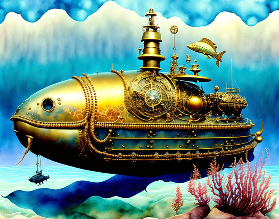 Steampunk-style submarine explores underwater world with coral formations