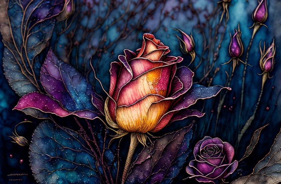 Colorful rose illustration with red, yellow, and pink hues on a starry night backdrop