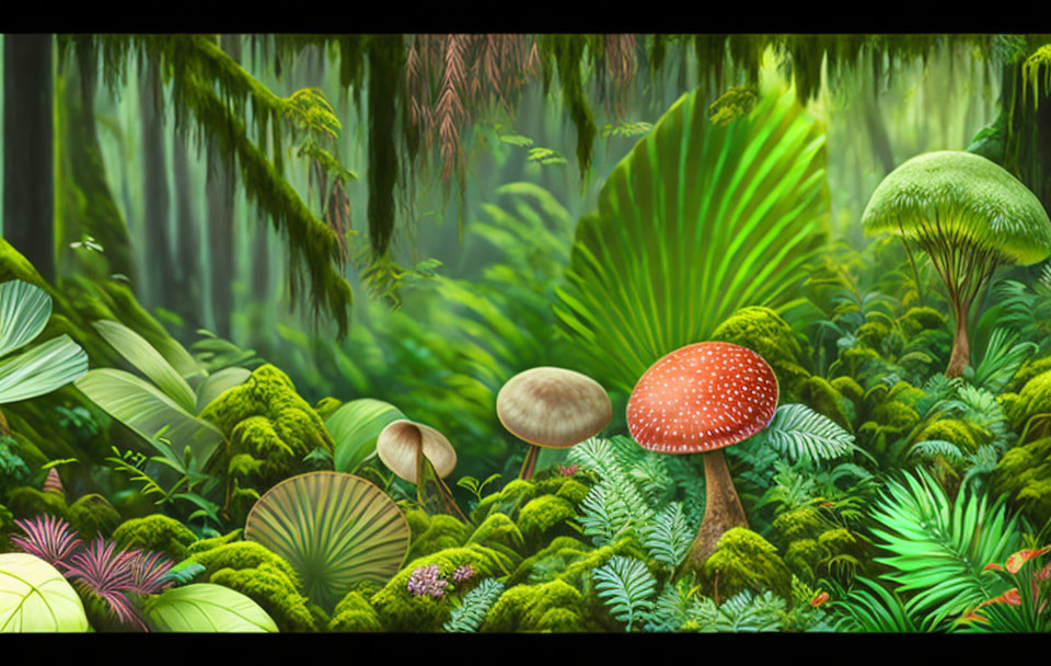 Diverse foliage, ferns, and mushrooms in lush forest scene