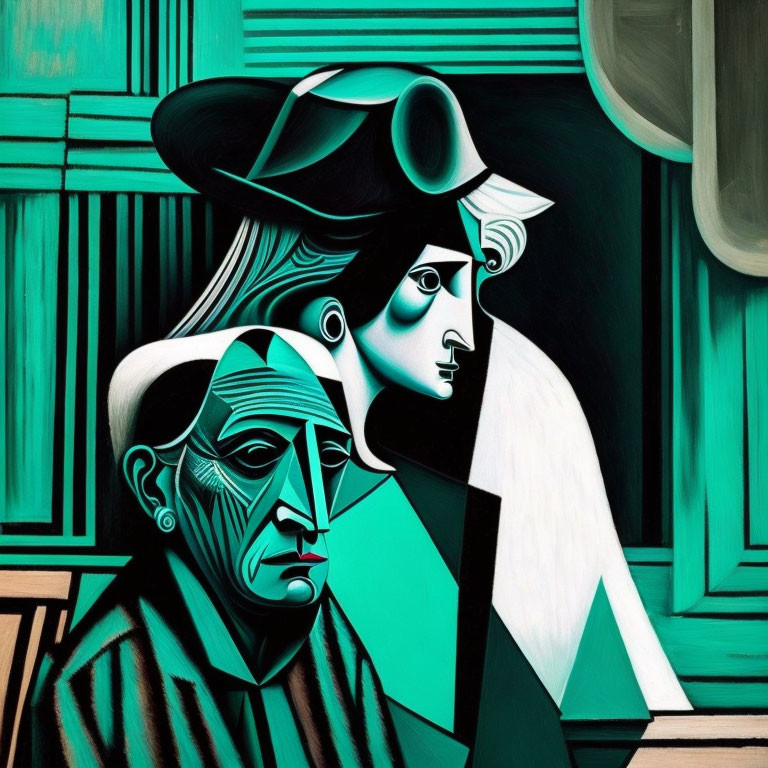 Stylized angular faces with hat in green and black against geometric backdrop