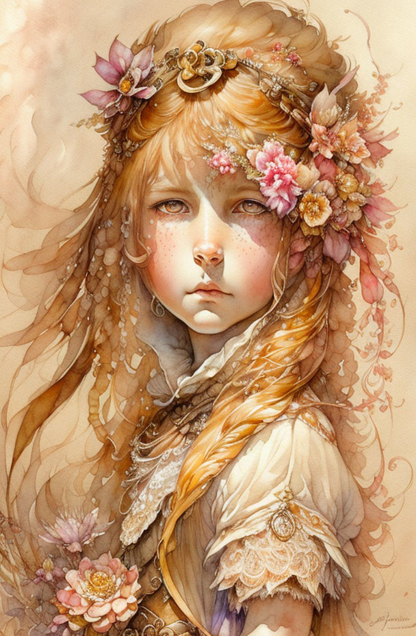 Illustrated Portrait of Young Girl with Floral Wreath and Vintage Attire