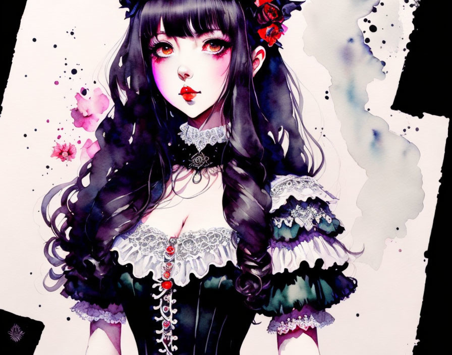 Illustrated portrait of girl in gothic attire with floral accents and vibrant watercolor splashes