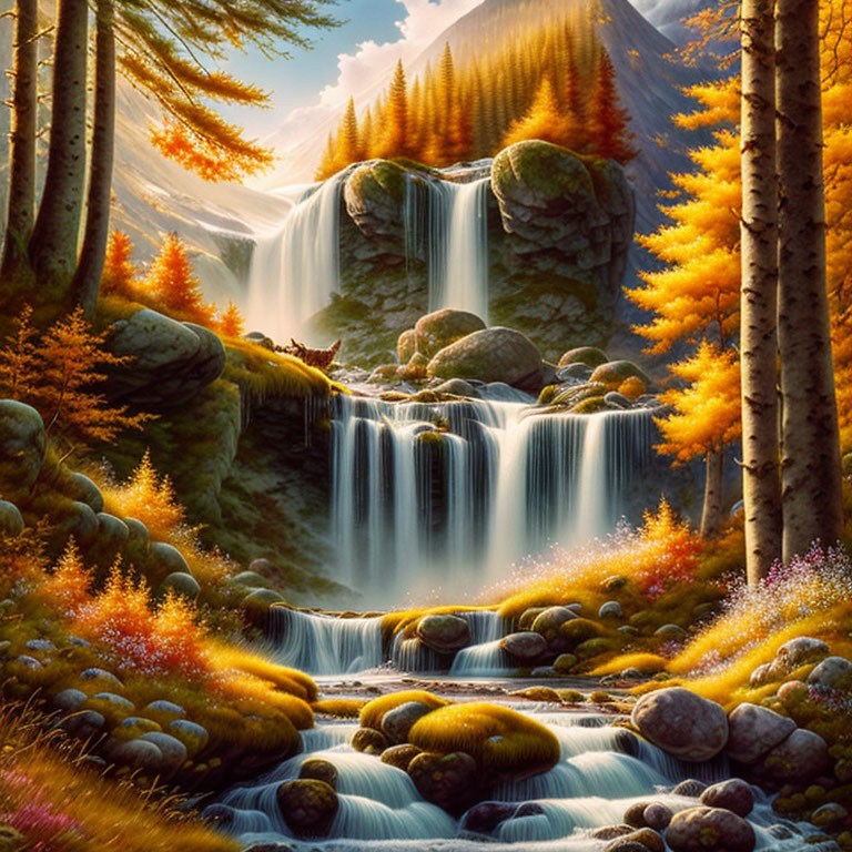 Tranquil forest waterfall with autumn trees and sunlight