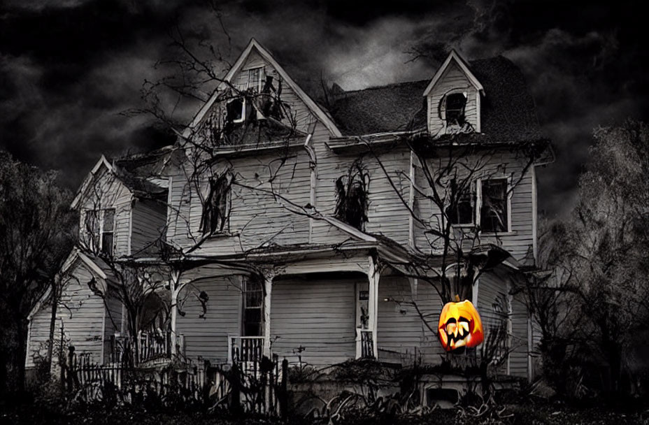 Spooky two-story house with Halloween pumpkins and eerie shadows