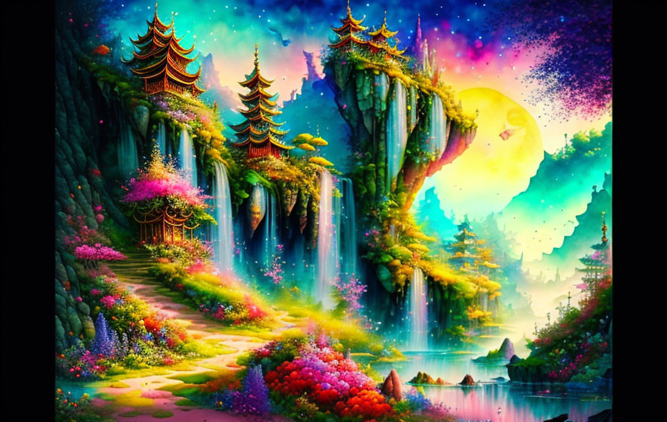 Colorful Asian pagodas in mystical landscape with waterfalls and cosmic sky