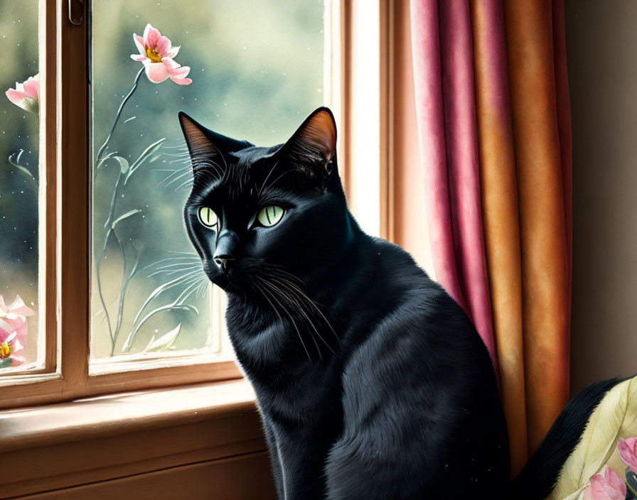 Black cat with green eyes by window and pink flowers