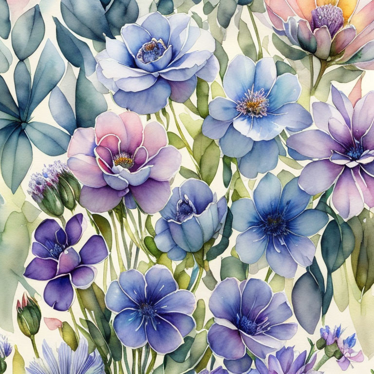 Blue and Purple Flowers Watercolor Illustration