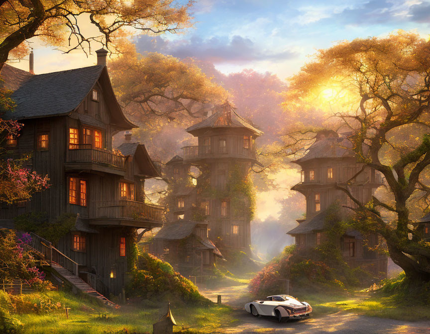 Fantasy tree houses in woodland with modern sports car