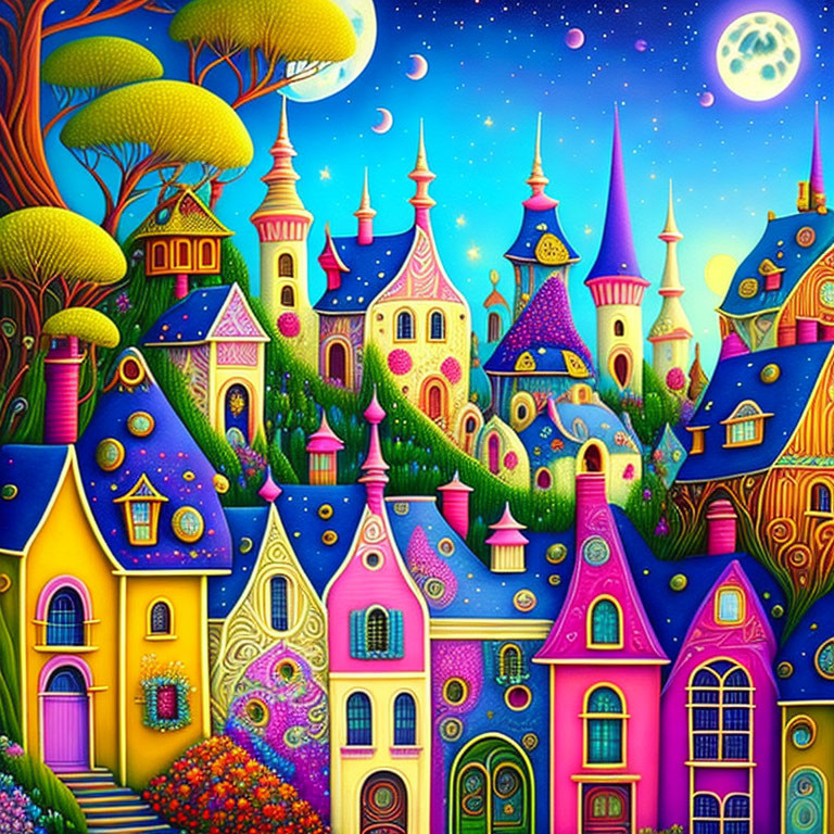 Colorful Fantasy Illustration: Whimsical Houses, Trees, Stars, Moons