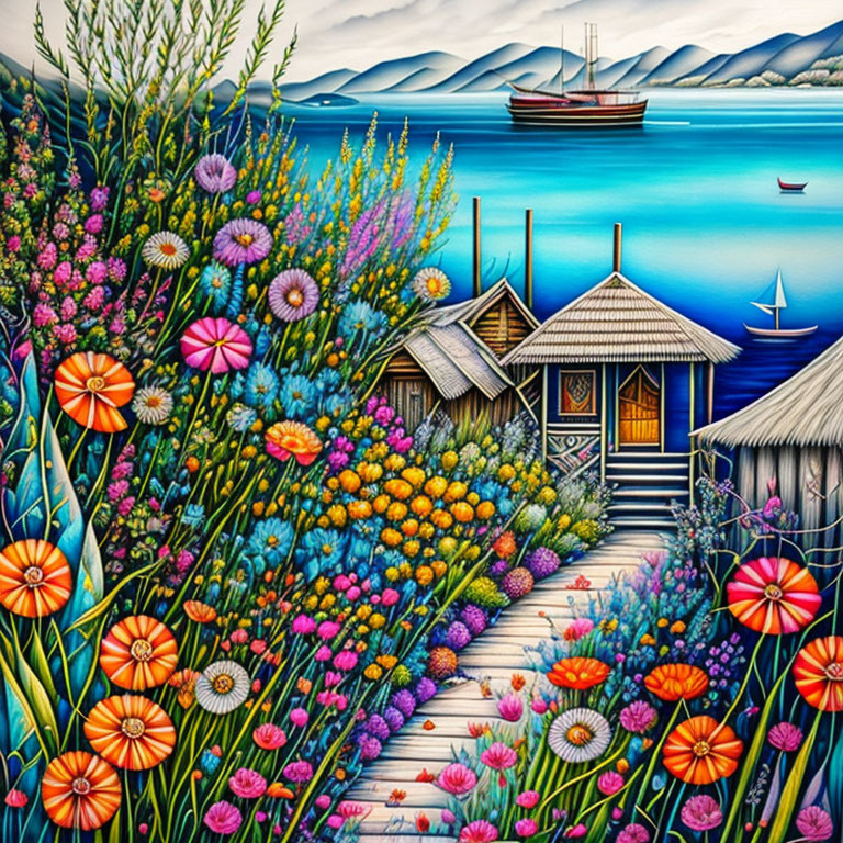 Colorful Flower Garden with Beach Huts, Blue Sea, and Boats