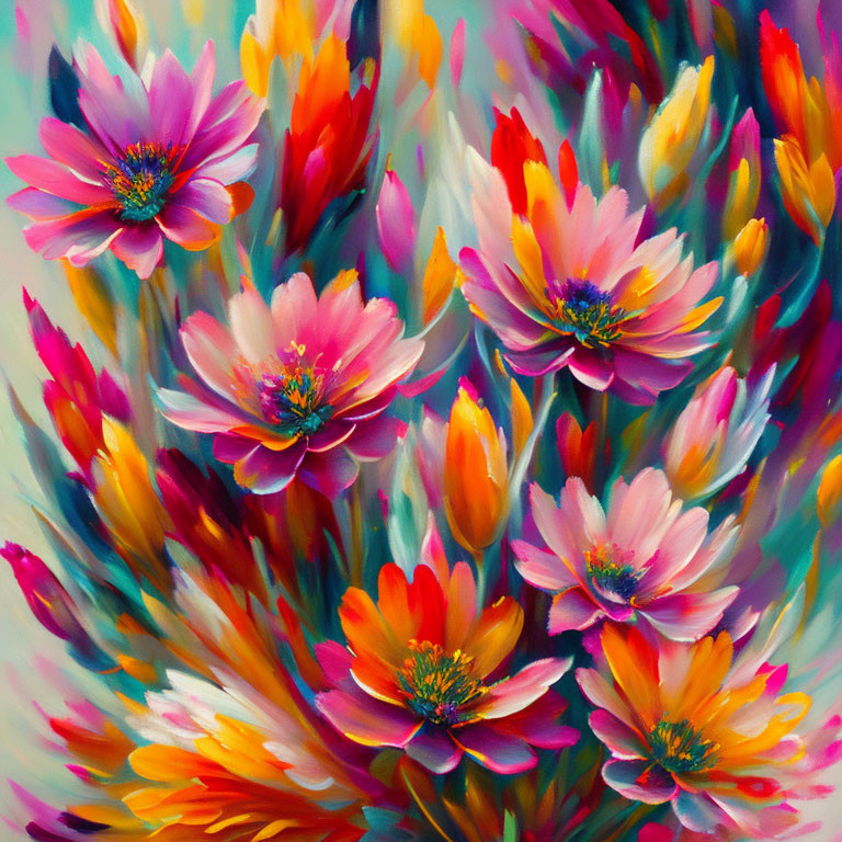 Colorful Flower Painting with Pink, Purple, and Orange Blossoms