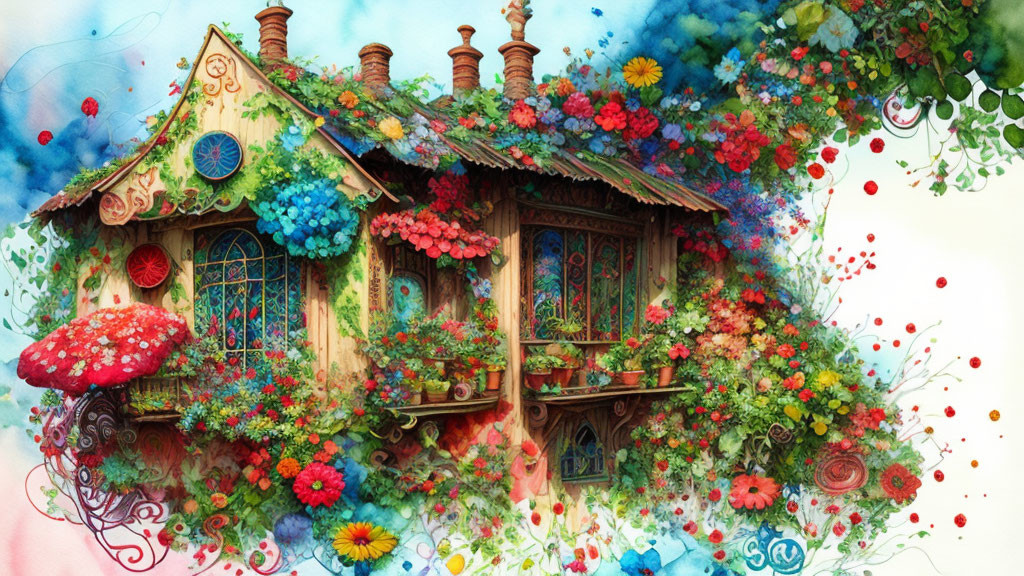 Whimsical cottage illustration with colorful flora