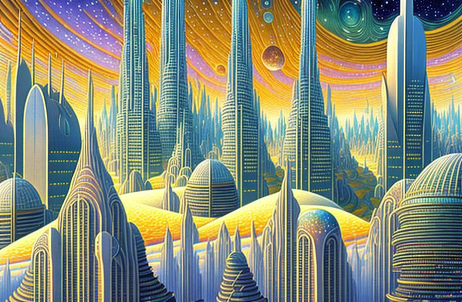 Vibrant surreal art: futuristic cityscape under starlit sky