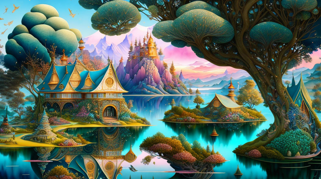 Fantasy landscape with whimsical trees, floating islands, and enchanting castle