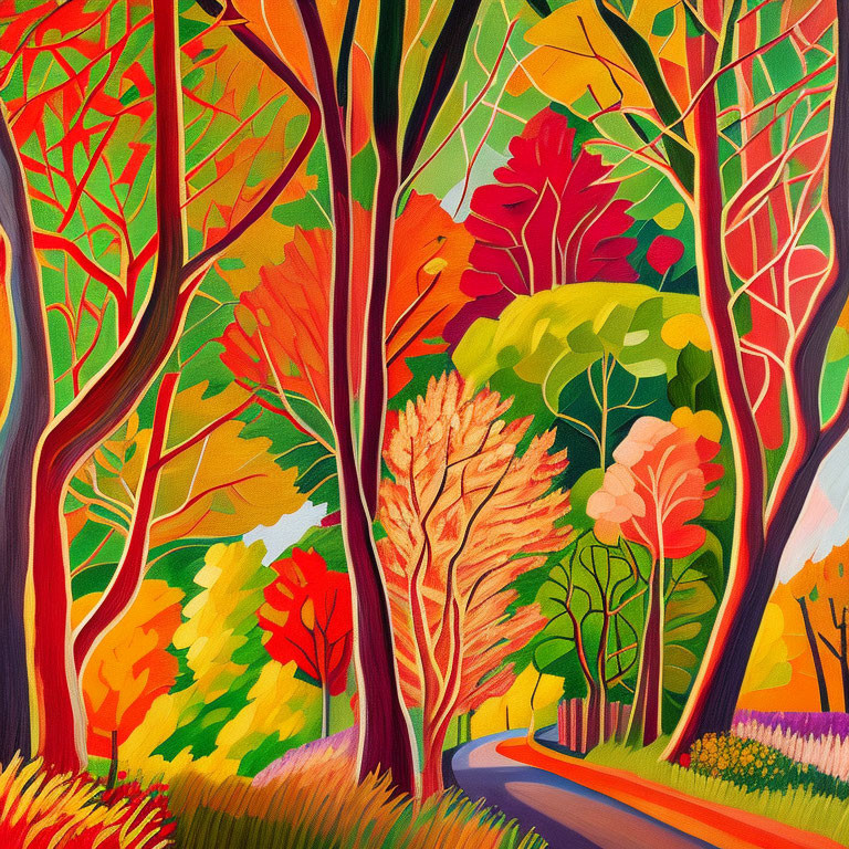 Colorful autumn forest painting with curving path and vibrant foliage