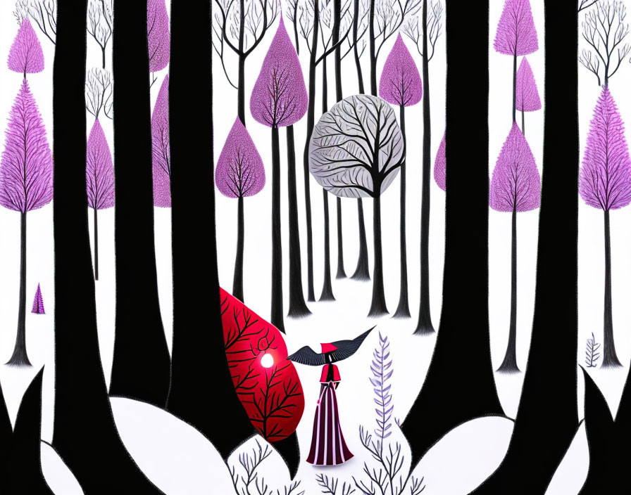 Illustration of forest with black trees, purple & white foliage, red owl, and person in striped