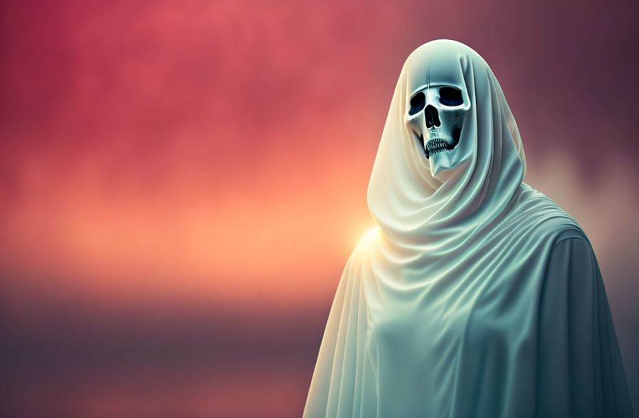 Digital artwork: Skeletal figure in white cloak, red and orange sky.