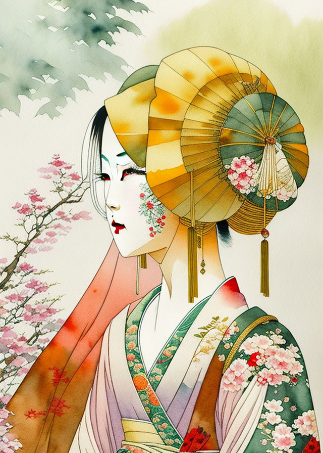 Traditional Japanese woman illustration with elaborate hairstyle, kimono, umbrella, cherry blossoms