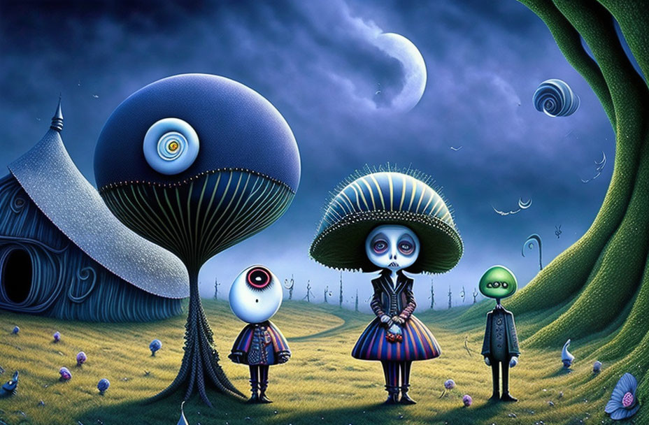 Colorful surreal landscape with three stylized characters and crescent moon